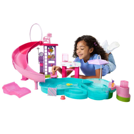 Barbie Dream Pool Playset With Slide & Bubbling Hot Tub, 20+ Accessories Including Pet, Floaties & More - Image 1 of 6