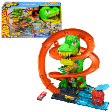 Hot Wheels City T-Rex Blaze Battle Playset & 1:64 Scale Die-Cast Car, Dinosaur Nemesis - Image 1 of 6