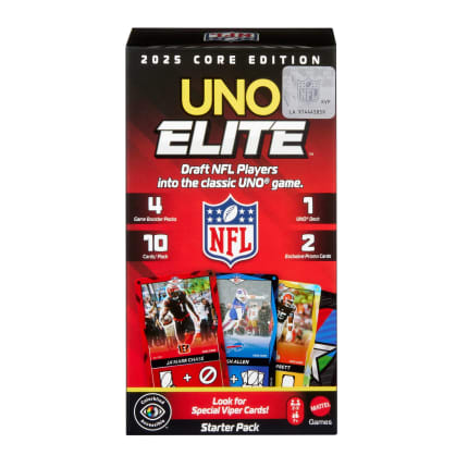 UNO Elite NFL Card Game 2025 Core Edition Starter Set With Deck, 4 Game Booster Packs & 2 Promo Cards - Image 1 of 5