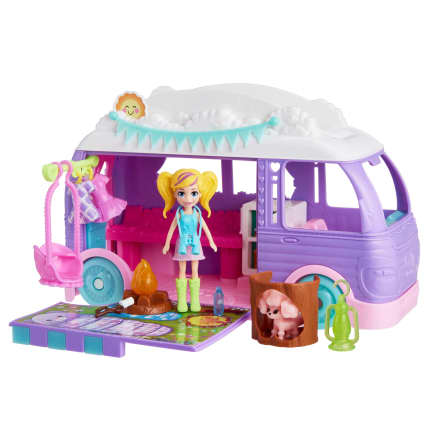 Polly Pocket Glamping Camper Van, Doll & Pet Playset, Camping & Food Accessories, Travel Toy - Imagen 1 de 6