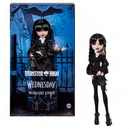 Monster High X Wednesday Collectible Doll, Wednesday Addams in Black Dress With Thing Accessory - Imagem 1 de 