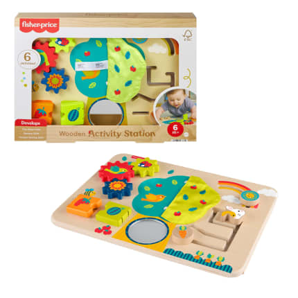 Fisher-Price Wooden Activity Station Baby Busy Board Toy For Developmental Play, 1 Wood Piece - Image 1 of 6