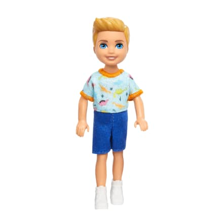Barbie Chelsea Doll, Small Boy Doll Wearing Removable One-Piece With Dino Print, Blond Hair & Blue Eyes - Imagen 1 de 6