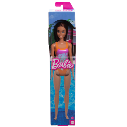 Barbie  Poupée Plage  Cheveux Brun Clair, Maillot Rose et Orange - Imagen 1 de 1