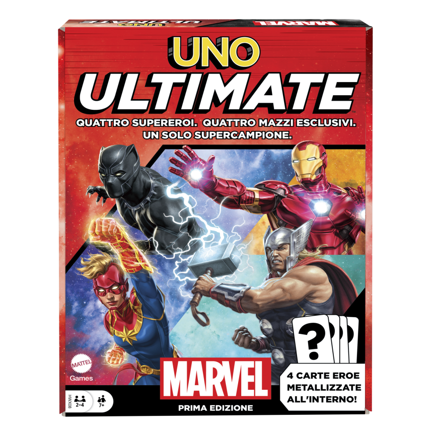 Uno Ultimate Marvel Gioco Di Carte Con 4 Carte Laminate Da Collezione: Black Panther, Captain Marvel, Iron Man E Thor - Image 1 of 5