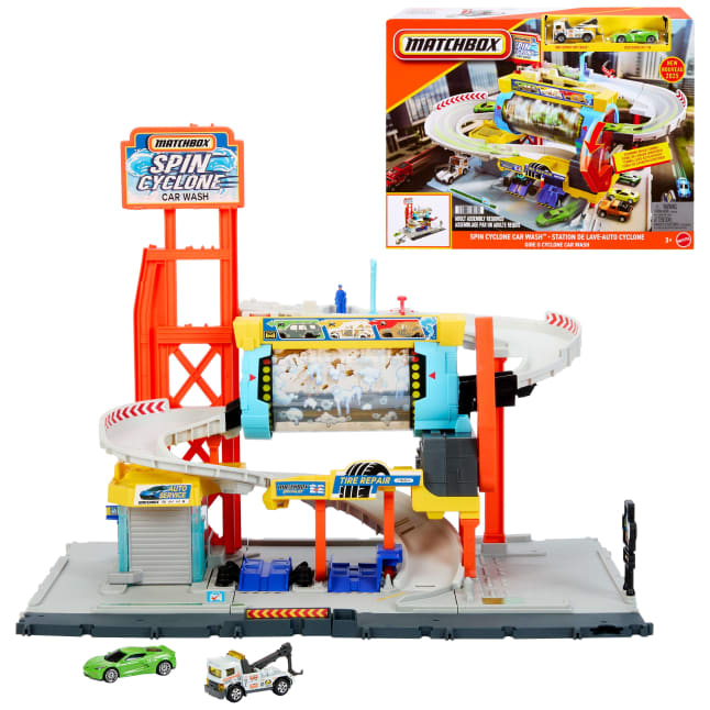 Matchbox Myjnia samochodowa Turbo Cyklon Zestaw i 2 auta Tor samochodowy i warsztat Zabawka dla dzieci 3+ - Image 1 of 