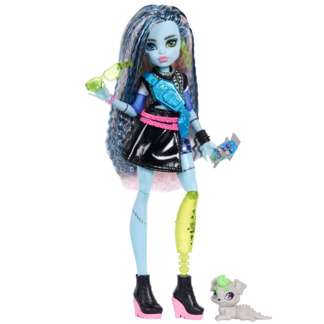 Bambola Monster High Frankie Stein Con Gonna in Pelle Nera, Cagnolina Watzie E 7 Accessori - Image 1 of 6