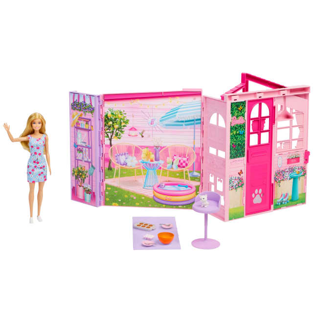 Barbie Weekendhuis, Poppenhuis Speelset Met Pop, 10 Accessoires, 4 Speelzones En Kitten - Image 1 of 6