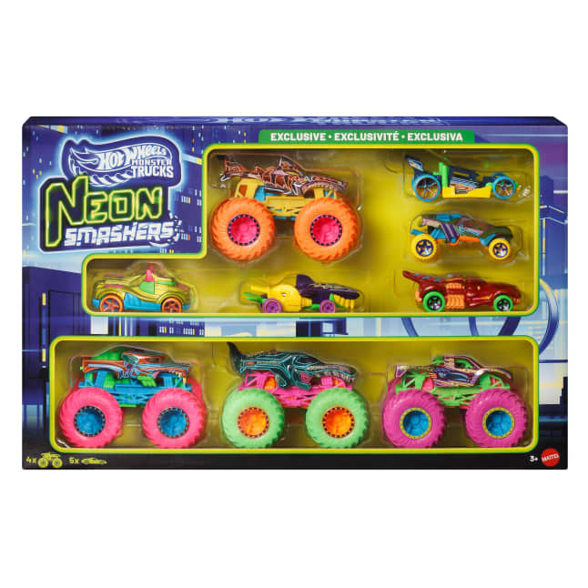 Hot Wheels Monster Trucks Neon Smashers Çoklu Paketi, 4 Oyuncak Kamyon Ve 5 Metal Araba - Image 1 of 