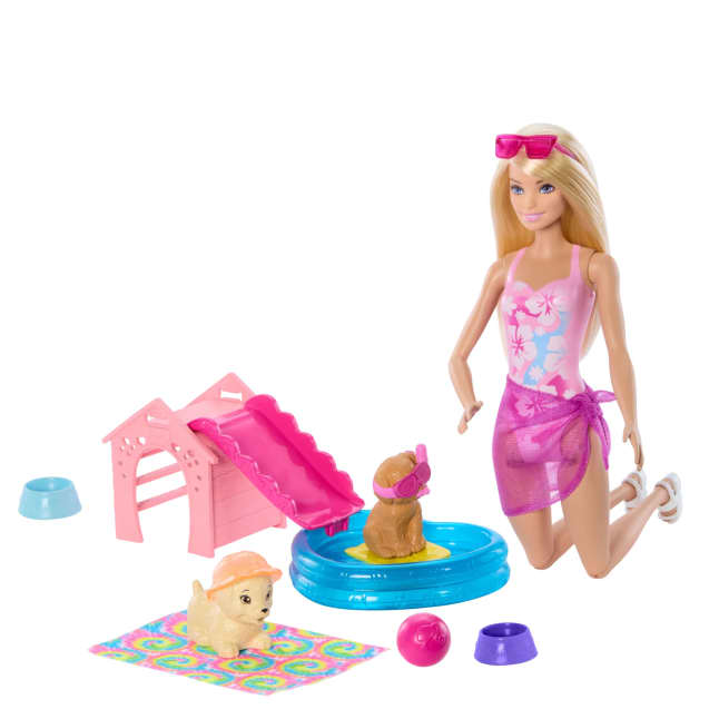 Bebek, Havuz, Kaydıraklı Köpek Kulübesi, 2 Evcil Hayvan Figürü Ve 6 Aksesuarla Barbie Köpekçikle Havuz Partisi Oyun Seti - Image 1 of 6