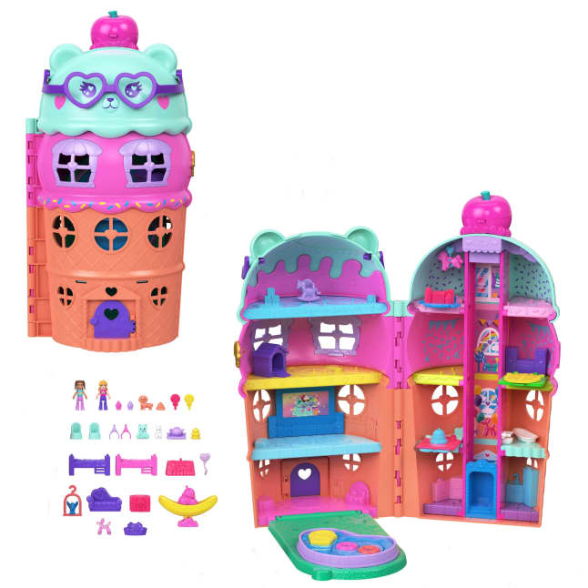 Polly Pocket Minipuppen und Spielset, Eiscreme-Haus mit Aufzug, Eiscreme-Motiv mit über 25 Zubehörteilen wie Möbeln und Tieren - Bild 1 von 
