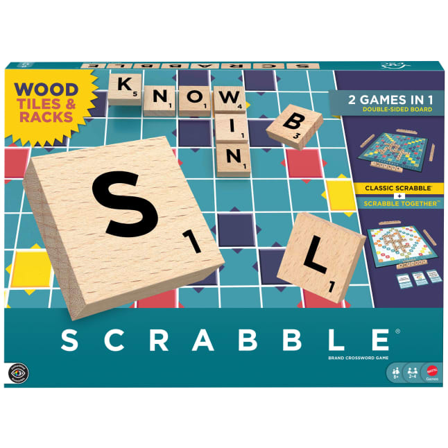Scrabble Board Game Family Word Game With Wood Tiles And Racks And Two Ways To Play For 2-4 Players - Image 1 of 6