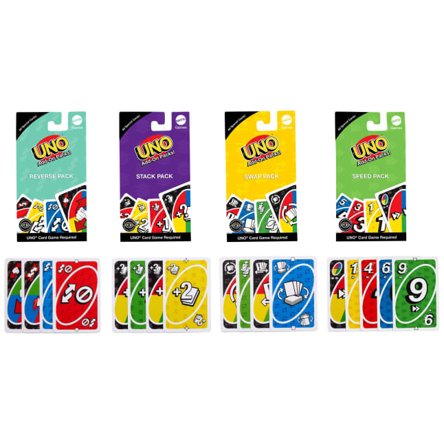 UNO Add-On Packs, 16 Carte Da Utilizzare Con Il Gioco UNO, A Tema Cambia Giro, Impila, Scambia O Velocità - Imagen 1 de 6
