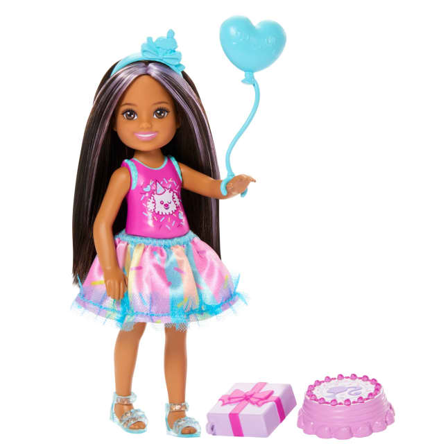 Muñeca Pequeña Del Club Chelsea De Barbie De 15,24Cm Con Temática De Cumpleaños, Pelo Castaño Con Mechas Moradas Y Accesorios De Fiesta - Image 1 of 6