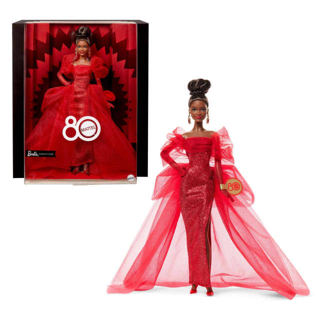 Barbie Signature, Bambola Da Collezione, 80 Anniversario Mattel, Abito in Tulle Rosso Scintillante, Castana - Image 1 of 6
