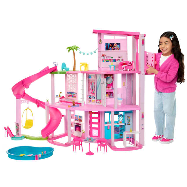 Barbie Droomhuis, Meer Dan 75 Onderdelen, Zwembadfeestje Poppenhuis Met Glijbaan Over 3 Verdiepingen - Image 1 of 6