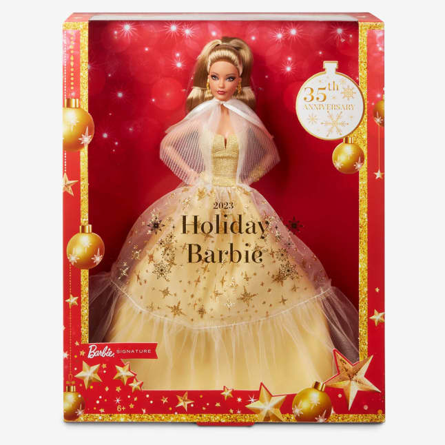 Barbie-Barbie Joyeux Noël 2023-Poupée Robe Dorée Et Cheveux Châtains - Imagen 1 de 6