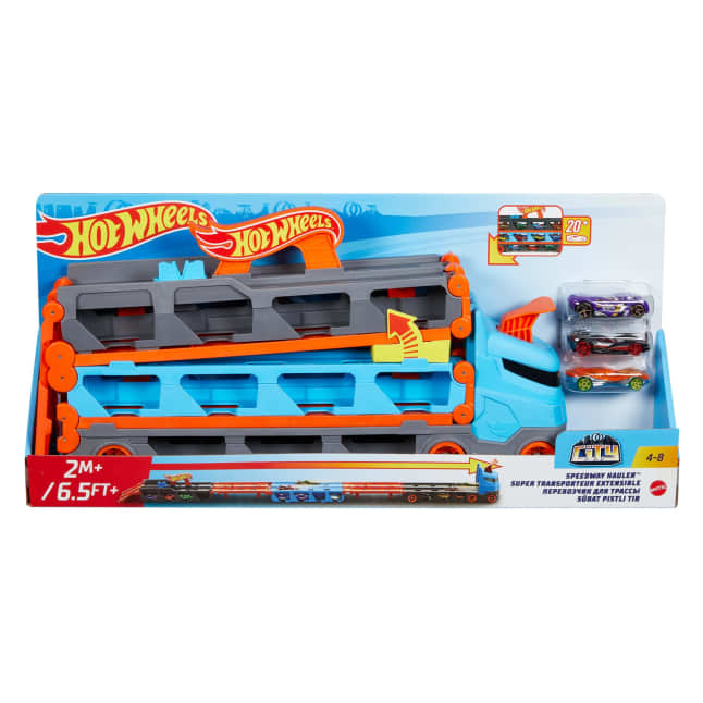Camion Trasportatore Hot Wheels Camion 2 in 1 Trasportatore E Pista Con 3 Auto in Scala 1:64 Per Bambini Da 4 A 8 Anni - Image 1 of 6