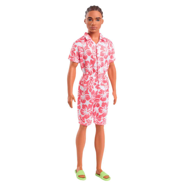 Barbie Fashionistas Ken-Puppe Nr. 235 Mit Jumpsuit in Hawaii-Muster, Grünen Sandalen Und Braunen Haaren - Imagen 1 de 6