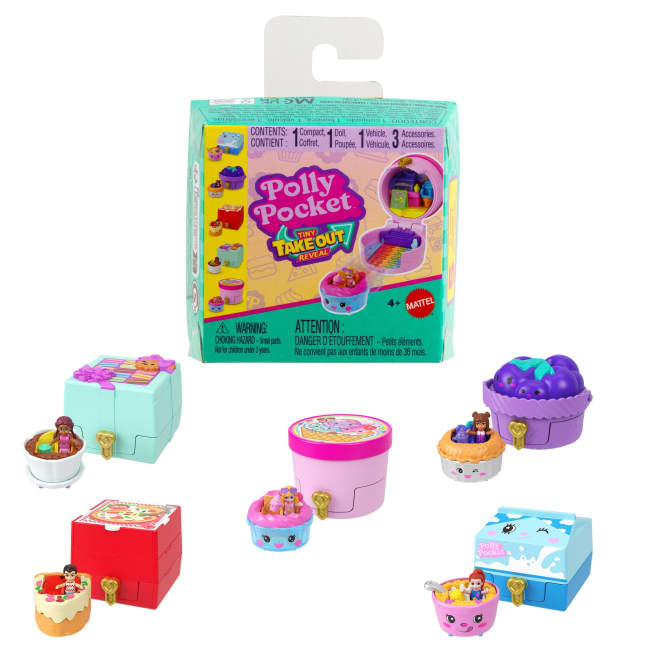 Polly Pocket Tiny Take Out Reveal Assortment, Micro Dolls & Compacts With Toy Cars, Food Theme Vehicle Collection - Imagem 1 de 6