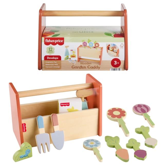 Fisher-Price Tiny Garden Wooden Garden Caddy Pretend Play Set With Tools For Kids, 12 Wood Pieces - Image 1 of 6