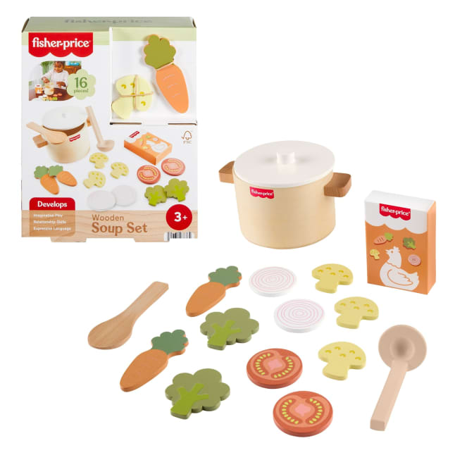 Fisher-Price Tiny Garden Wooden Veggie Soup Pretend Kitchen Play Set For Kids, 16 Wood Pieces - Imagem 1 de 6
