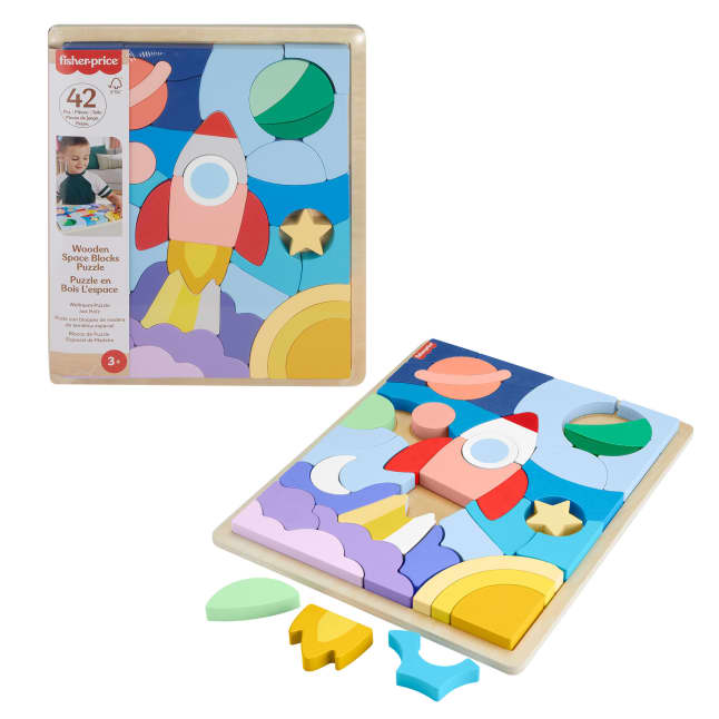Fisher-Price Wooden Space Blocks Puzzle For Preschool Kids, 42 Wood Pieces - Image 1 of 6