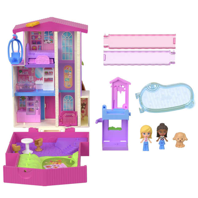 Polly Pocket Dreamhouse Compact Playset With Micro Barbie & Brooklyn Dolls, Puppy, Pool & Accessories - Image 1 of 