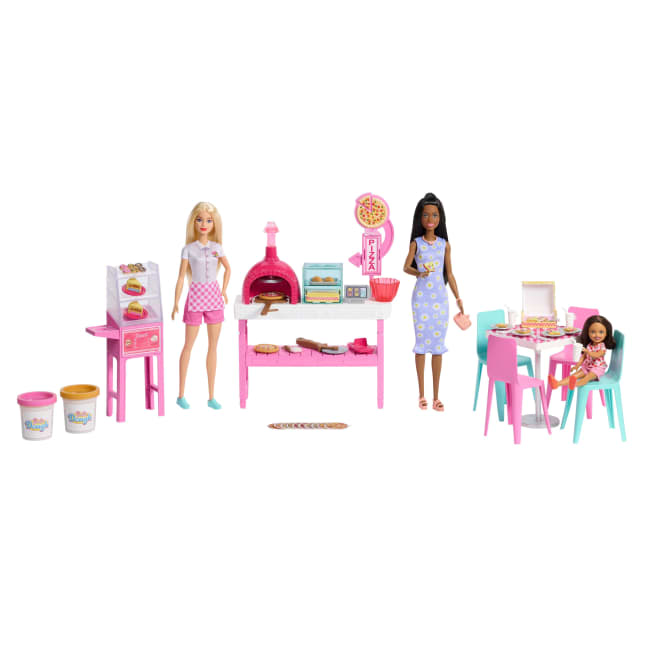Barbie Pizza Shop Playset With 3 Dolls, 2 Doughs, 20 Toppings And 60 Accessories - Image 1 of 