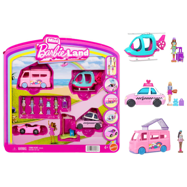 Barbie Mini Barbie Land 4-Pack Doll & Vehicle Set, 4 1.5-Inch Dolls, 4 Toy Vehicles & Accessories - Imagem 1 de 1
