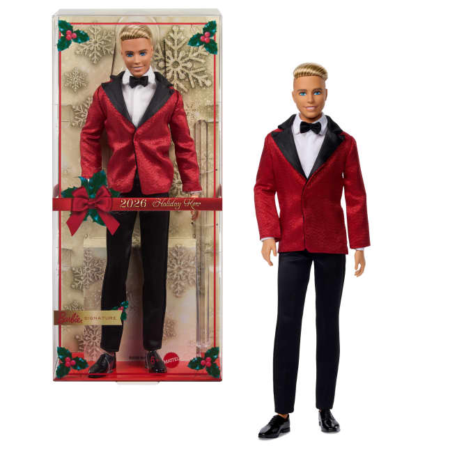 Barbie Signature 2026 Holiday Blonde Ken Collectible Fashion Doll Wearing Full Suit With Red Jacket - Image 1 of 