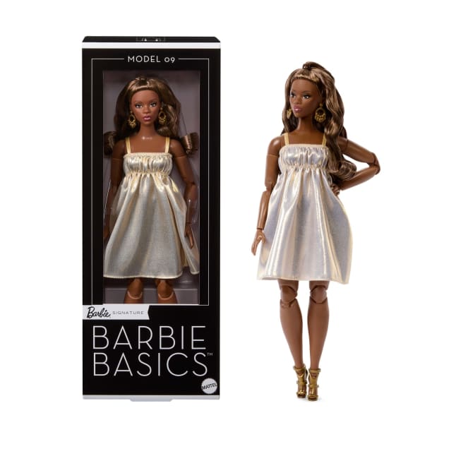 Barbie-Barbie Basics Modèle 09-Poupée Brune Avec Robe Dorée - Imagen 1 de 6