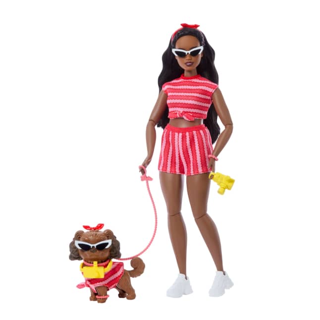 Barbie Twinning Looks Fashion Doll With Pet Dog, Matching Red Clothes & Accessories, Black Hair - Image 1 of 6