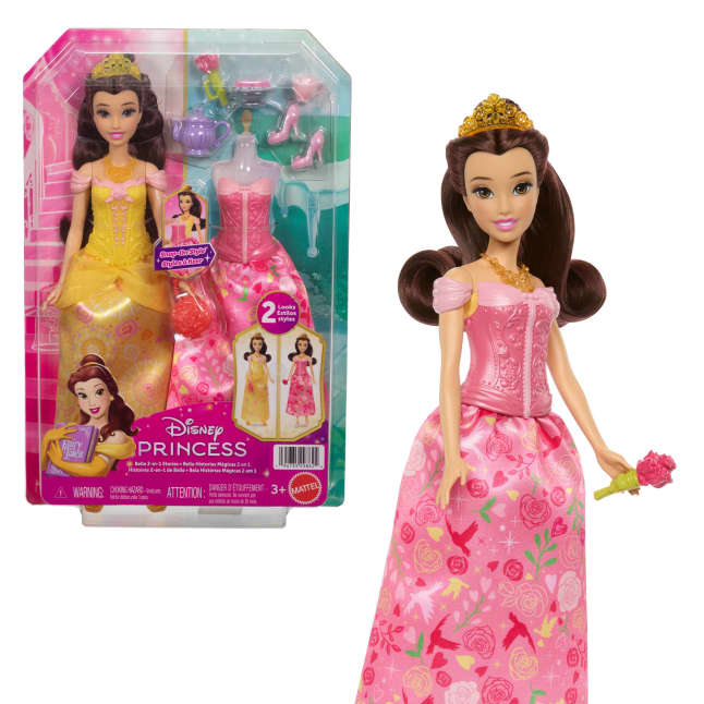 Disney Princess 2-In-1 Stories Belle Fashion Doll With 2 Snap-On Bodices, 2 Skirts & 9 Accessories - Imagen 1 de 6