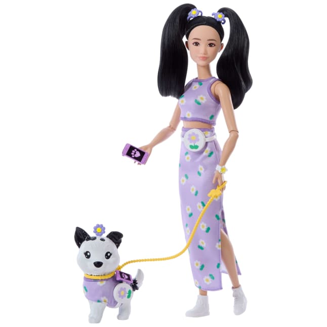Barbie Twinning Looks Fashion Doll With Pet Dog, Matching Purple Clothes & Accessories, Black Hair - Image 1 of 6