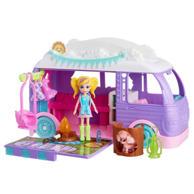 Polly Pocket Glamping Camper Van, Doll & Pet Playset, Camping & Food Accessories, Travel Toy - Imagen 1 de 6