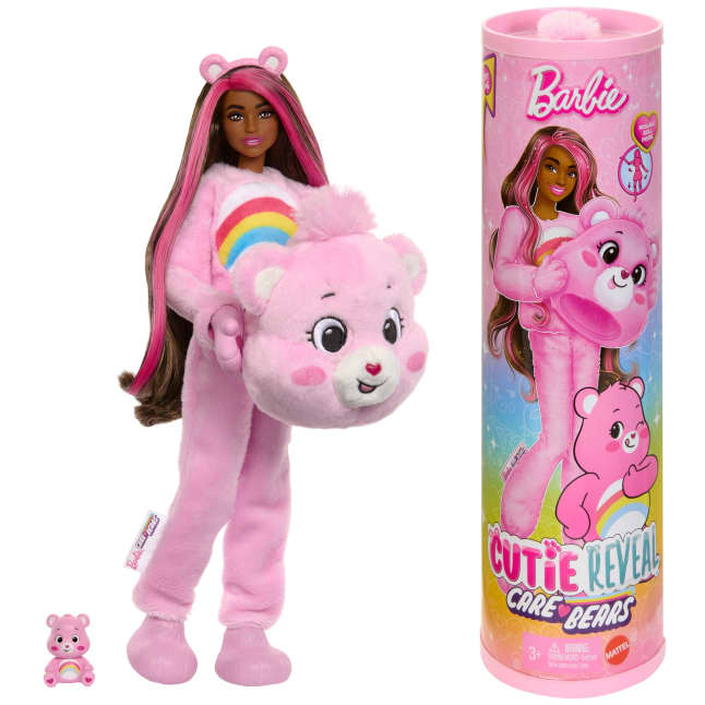 Barbie Cutie Reveal Care Bears Series Doll & Accessories in Cheer Bear Plush Costume, 10 Surprises - Image 1 of 6