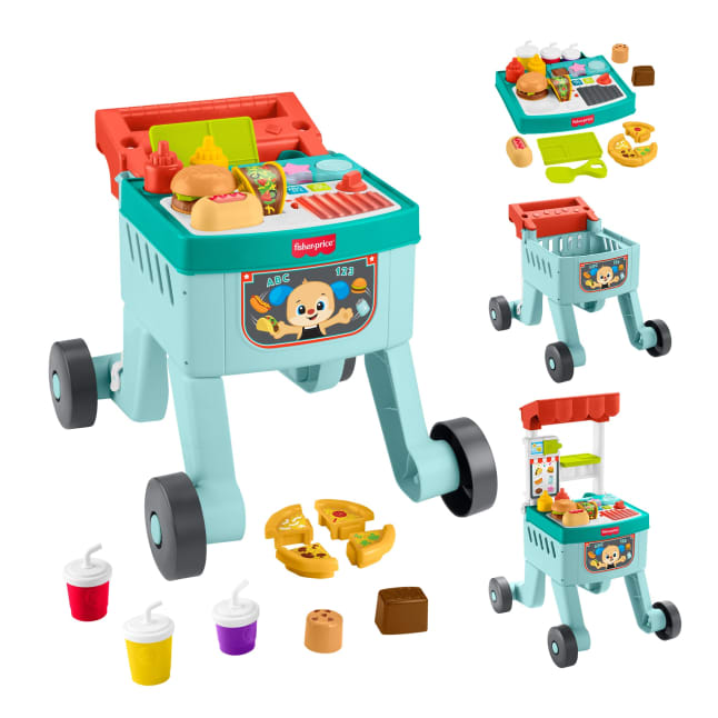 Fisher-Price Deluxe 4-in-1 Snack Cart Walker Baby & Toddler Learning Toy, Multilanguage Version, 23 Play Pieces - Image 1 of 