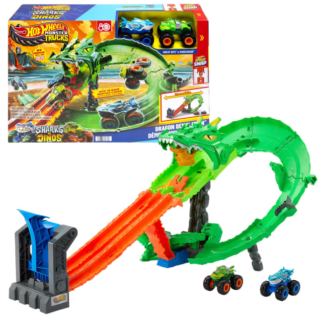 Hot Wheels Monster Trucks Sharks vs Dinos Dragon Destruction Playset & 2 Toy Trucks - Image 1 of 6