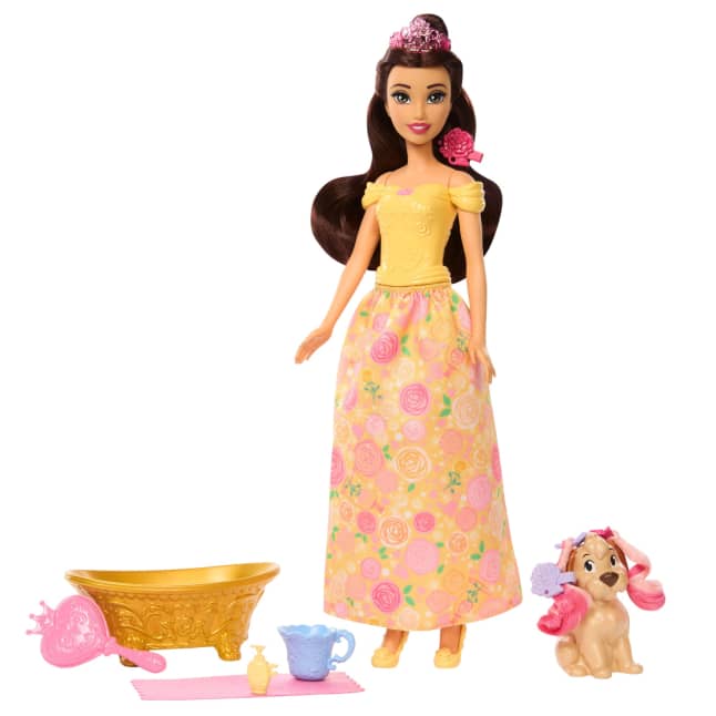 Disney Princess Bathe & Brush Belle Fashion Doll & Dog Figure With Color Change & Accessories - Imagen 1 de 6