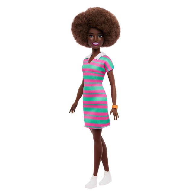 Barbie Fashionistas Doll #247 With Pink And Green Striped Dress, Curly Black Hair - Imagen 1 de 6