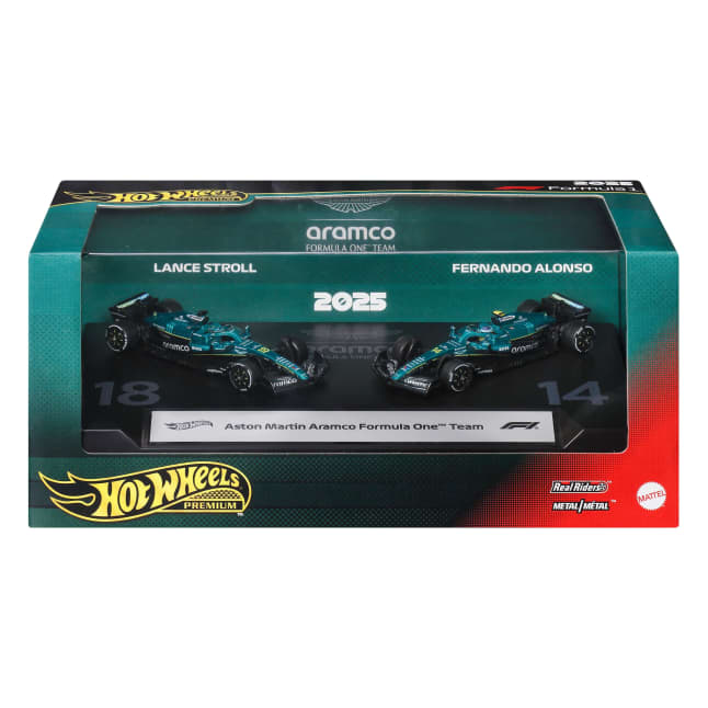 Hot Wheels Premium Aston Martin Aramco Formula One Team 2-Pack With Stroll & Alonso Racecars - Image 1 of 