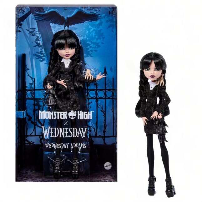 Monster High X Wednesday Collectible Doll, Wednesday Addams in Black Dress With Thing Accessory - Imagem 1 de 