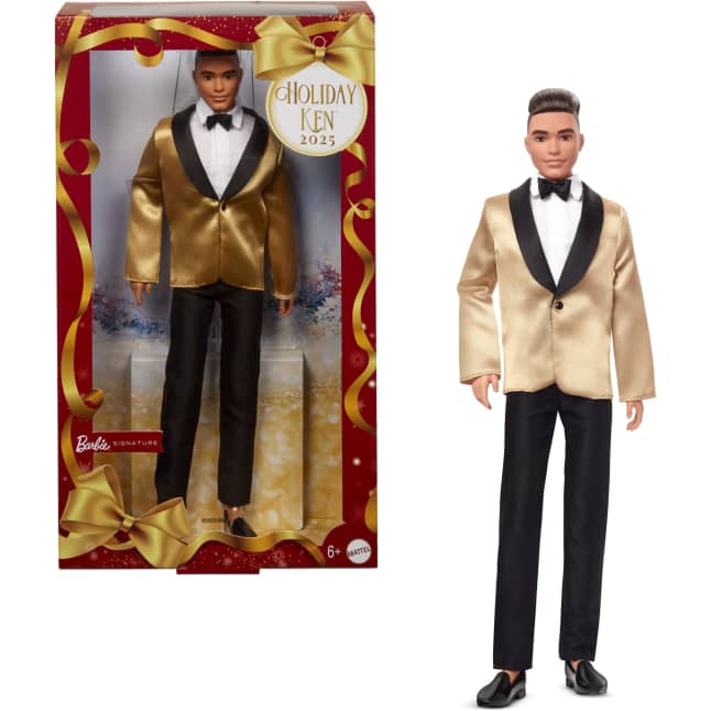 Barbie Signature 2025 Holiday Light Brown Hair Ken Collectible Fashion Doll Wearing Full Suit With Golden Jacket - Imagen 1 de 6