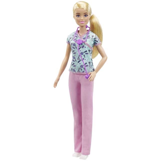 Barbie Nurse Fashion Doll Dressed in Medical Scrubs, White Shoes & Stethoscope Accessory - Image 1 of 