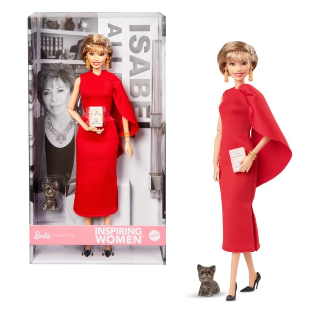 Barbie Inspiring Women Collectible Doll, Isabel Allende in Red Dress & Book Accessory & Pet - Image 1 of 6