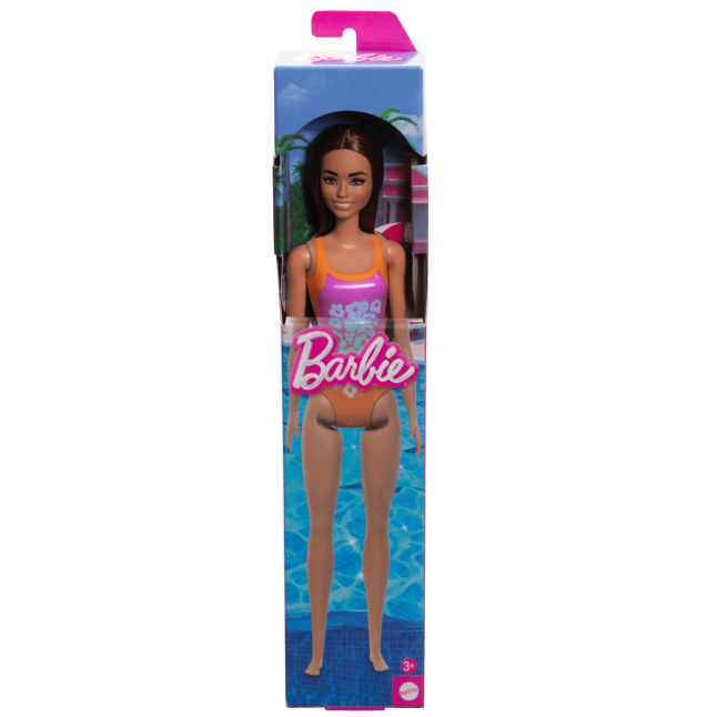 Barbie  Poupée Plage  Cheveux Brun Clair, Maillot Rose et Orange - Imagen 1 de 1