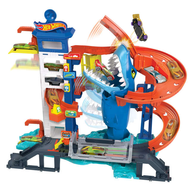 Hot Wheels Track Set And 1:64 Scale Toy Car, City Shark Escape, Multi-Level Playset - Imagen 1 de 6