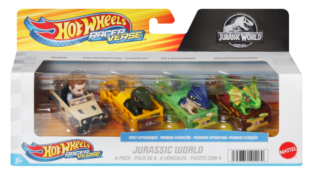 Hot Wheels Racerverse, Set Of 4 Die-Cast Hot Wheels Cars With Jurassic World Characters As Drivers - Image 1 of 3