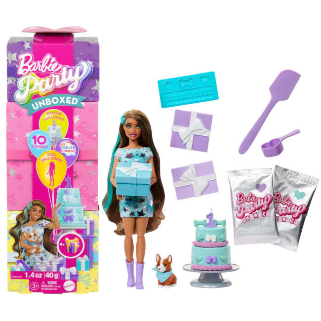 Conjunto De Juego Estrellas De Fiesta De Barbie Party Unboxed De La Serie Cumpleaños De Mascotas Con Muñeca Y Accesorios, 10 Sorpresas